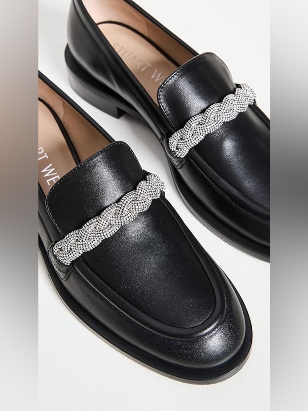 Stuart Weitzman Palmer Highshine Silver Rhinestone Loafers Black Leather Sz 6.5